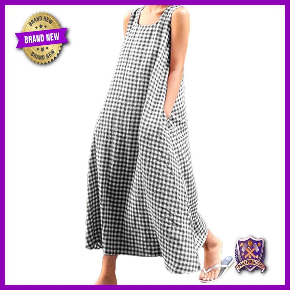 Casual Loose Fit Cotton Linen Plaid Maxi Dress Summer Swing with Pockets